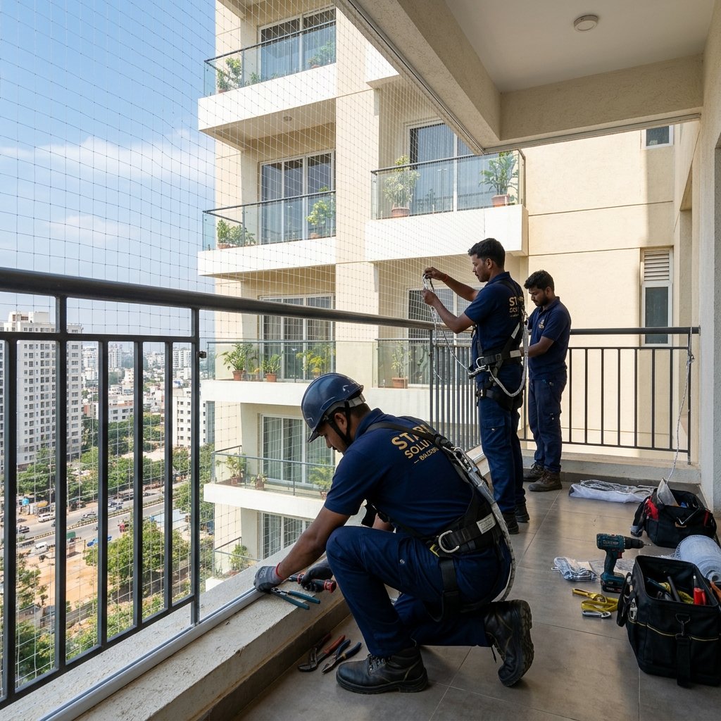 Royal Enterprises professional team installing safety nets on a high-rise balcony in Visakhapatnam